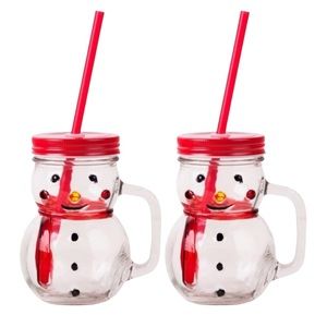 Glass Snowman sippy cups with straws NWT